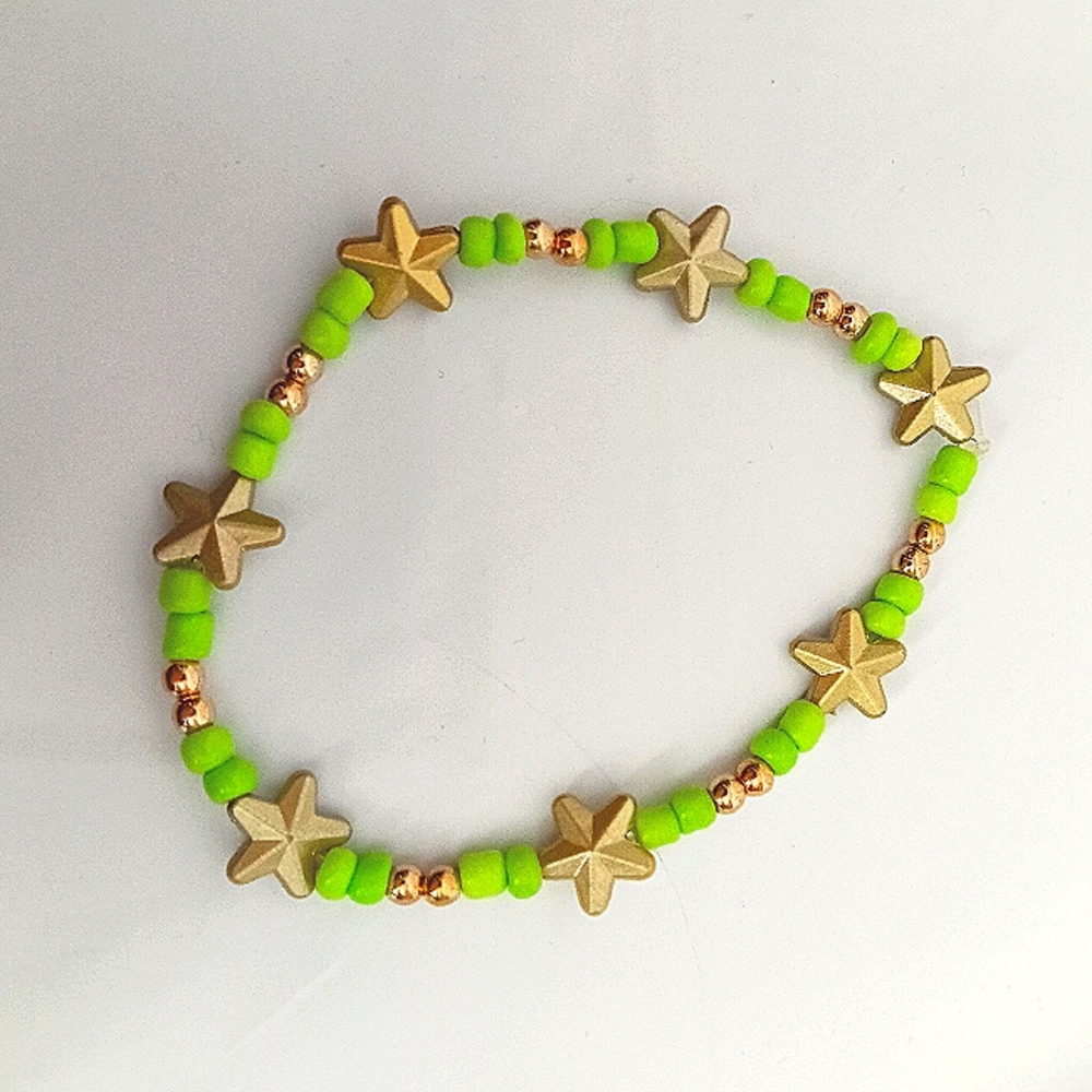 Hand crafted gold plated star beaded statement bracelet lime green